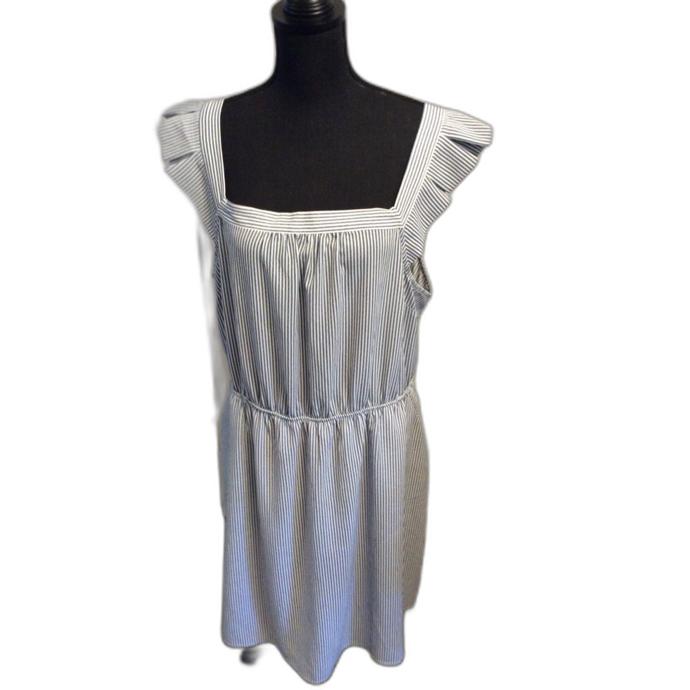 Monteau Plus size 2X Blue White Striped Dress Ruffled Sleeves Pockets